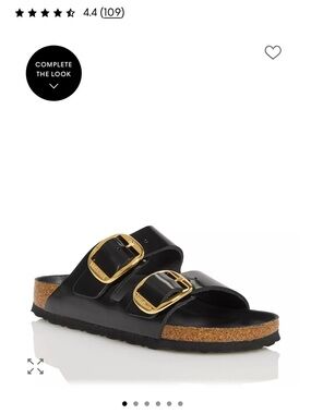 Birkenstock Arizona Patent Black Sandal with Gold Buckles